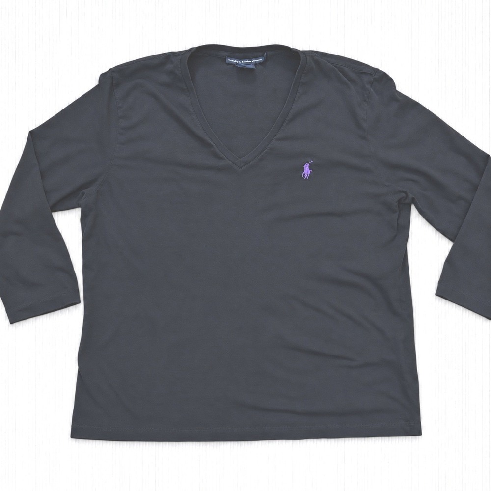 VTG Ralph Lauren Sport Tshirt Size XL Black Vneck Purple Pony Preppy Classic